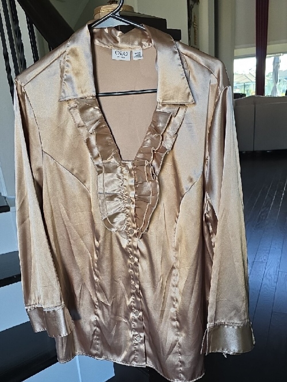 Cato Shimmery Gold Ruffle-Front Satin Blouse - Picture 7 of 13